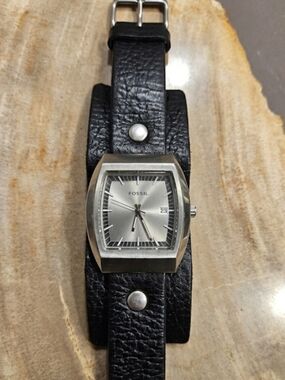 Rare Vintage Fossil Brushed Steel "TaFossil Silver Dial Black Leather Cuff Watch